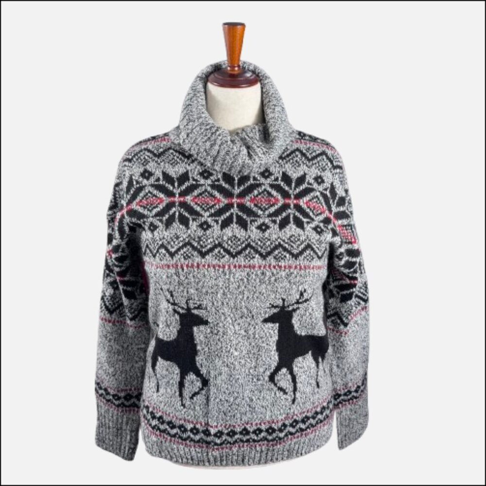Kaisely Black Gray Red Fair Isle Reindeer Wool Blend Christmas Turtleneck (SZ L)
